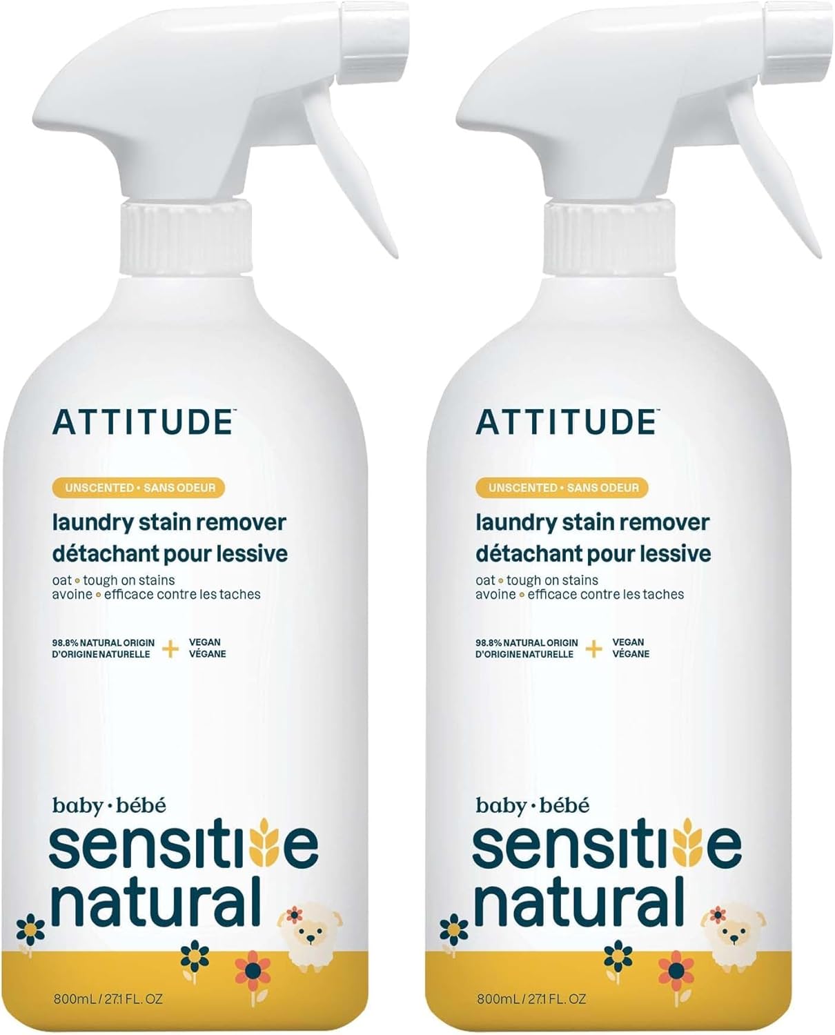 ATTITUDE Fabric Stain Remover for Baby Clothes, Plant- and Mineral-Based Ingredients, Vegan and Cruelty-free Laundry Products for Sensitive Skin, Unscented, 27 Fl Oz (Pack of 2)