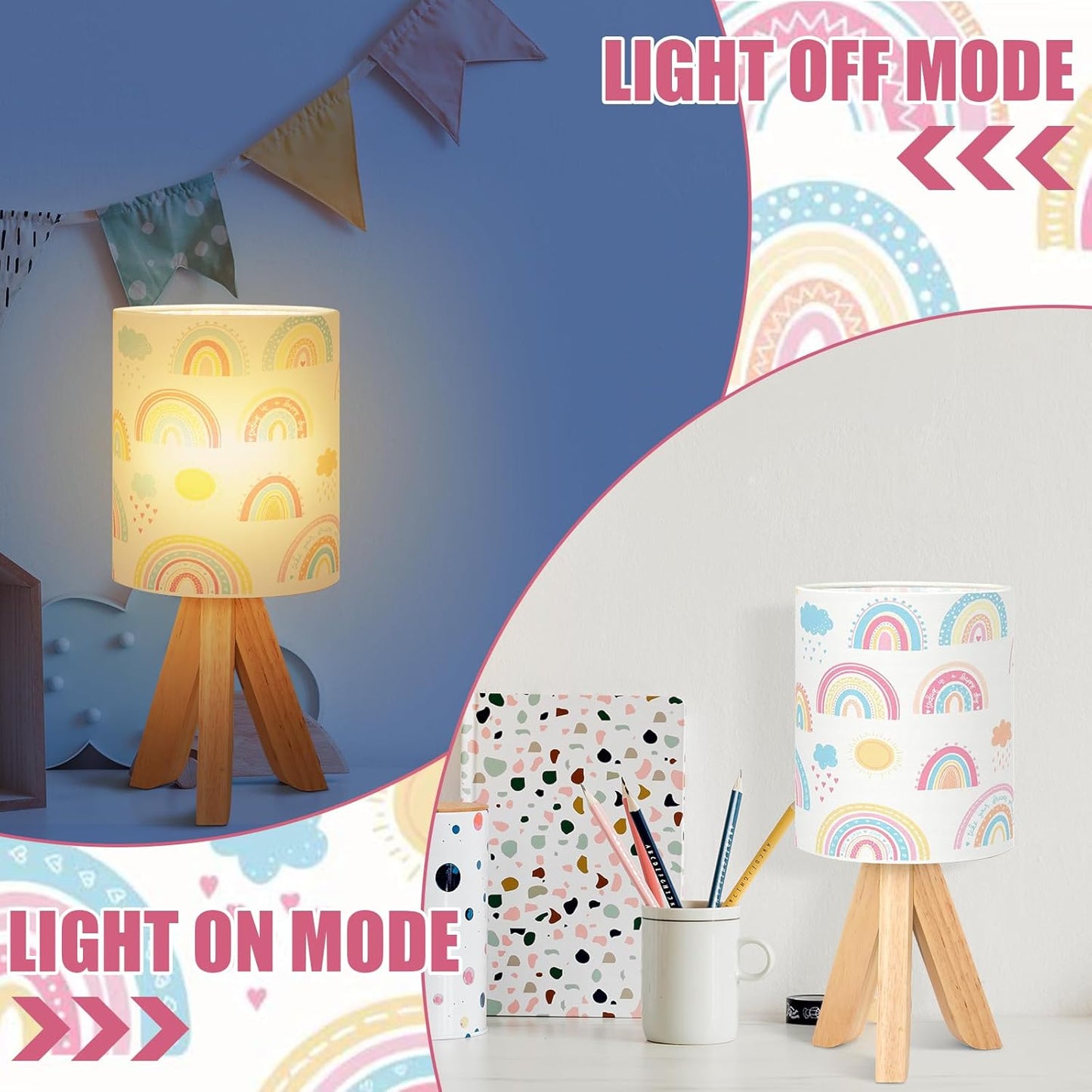 VIHOSE Rainbow Kids Tripod Table Lamp for Bedroom Kids Bedside Lamp with Linen Wooden Nightstand Cartoon Nursery Lampshade for Girls Boys Living Room