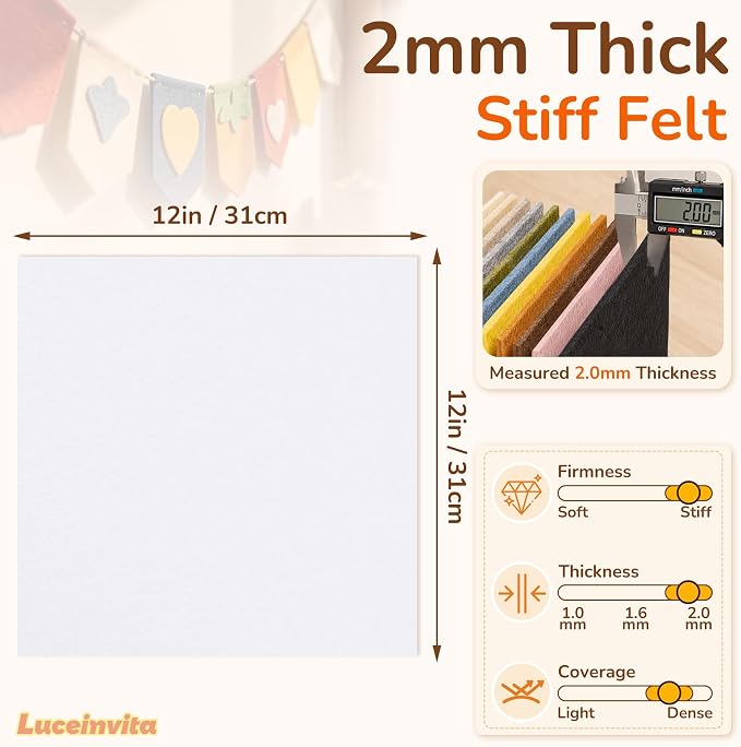 2mm Stiff Felt Sheets 12" X 12" | Thick Polyester Felt Material, DIY Craft