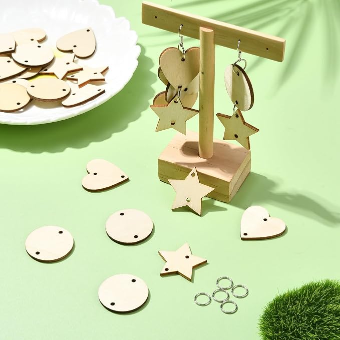 180 pcs 3 Styles Heart Star Theme Unfinished Wood Cutout Charms Flat Round