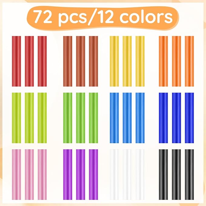 72pcs Colored Hot Glue Sticks, 0.43x8in 12 Colors Hot Melt Glue Sticks Standard