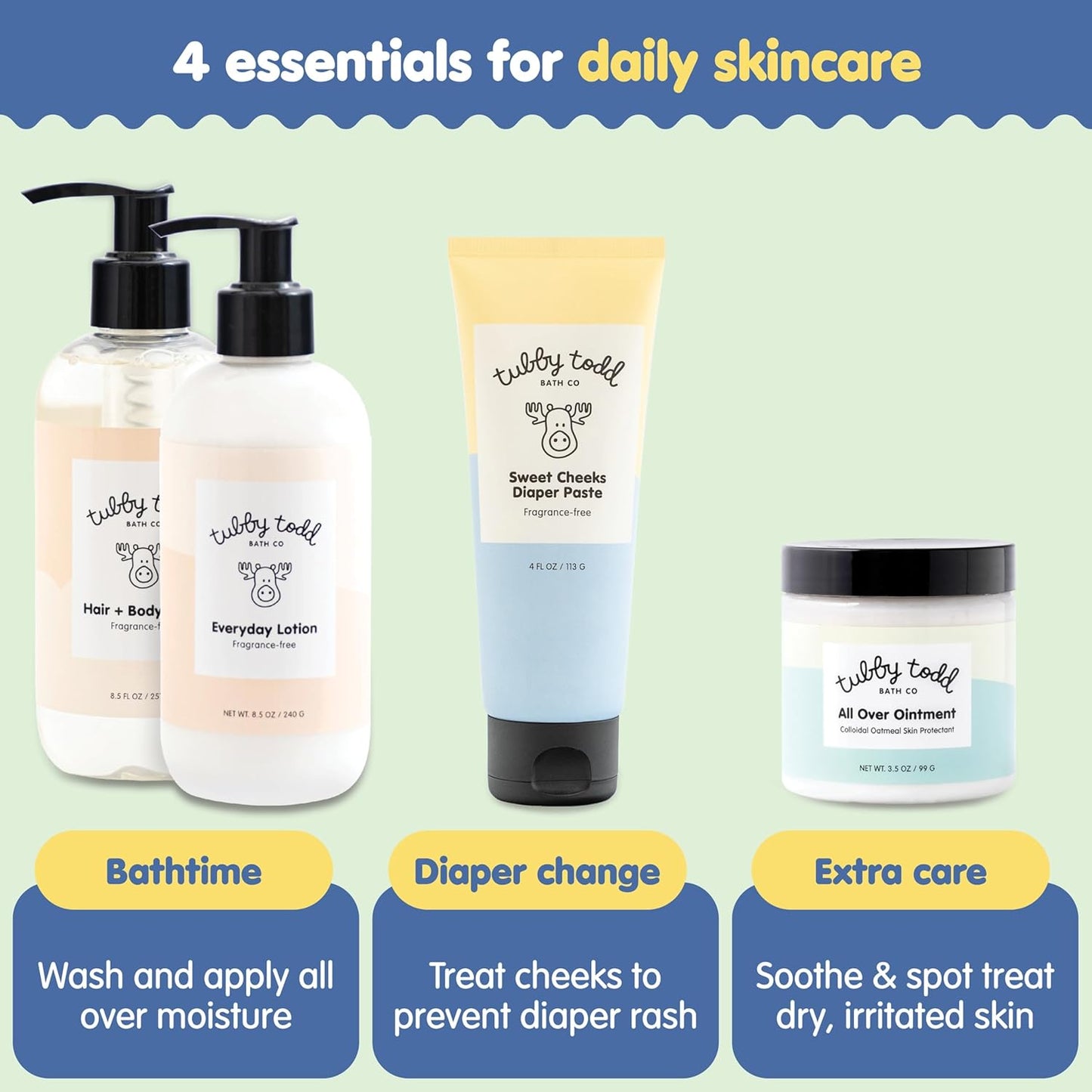 TUBBY TODD Baby Bath & Skincare Kit - The Baby Bundle - Shampoo and Body Wash, Everyday Lotion 8.5 Oz, All Over Ointment 3.5 Oz & Diaper Paste Cream 4 Oz Gift Set - Fragrance-Free