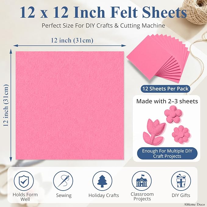 12" x 12" Felt Sheets for Crafts, 2mm Stiff Felt Fabric, Polyester Felt Squares