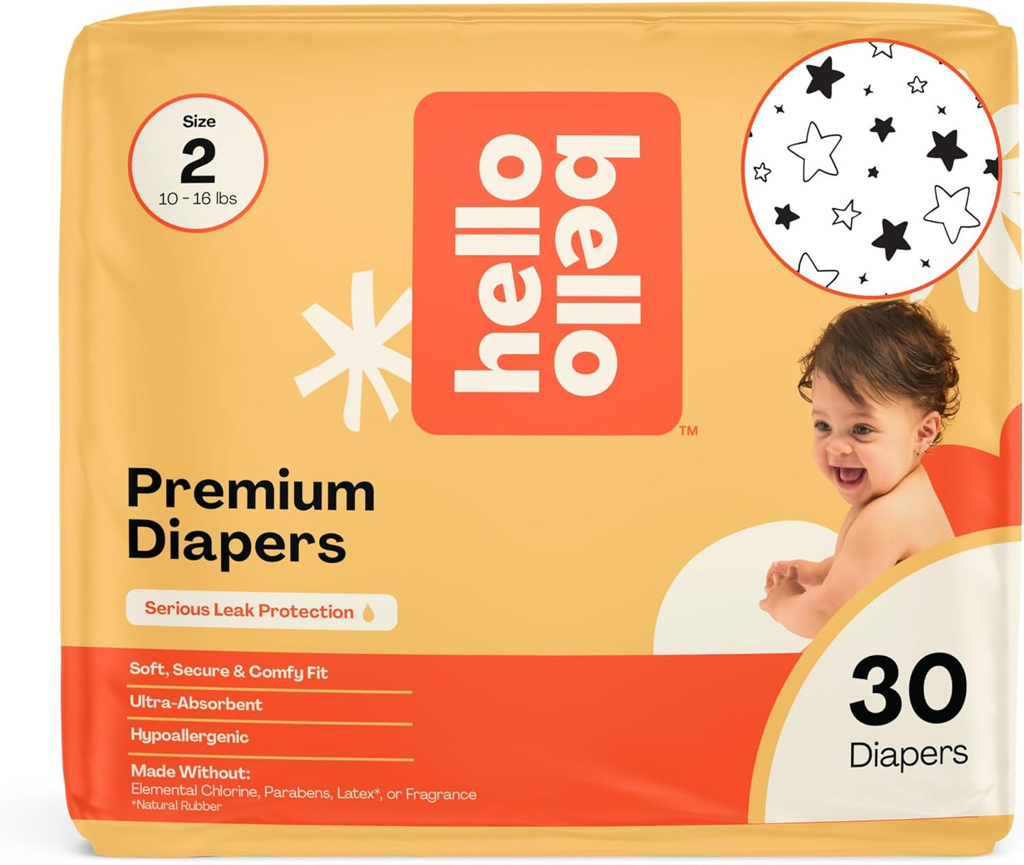 Hello Bello Diapers, Size 2 (10-16 lbs) Superstars, 30 Count of Premium Disposable Baby Diapers, Hypoallergenic with Soft, Cloth-Like Feel