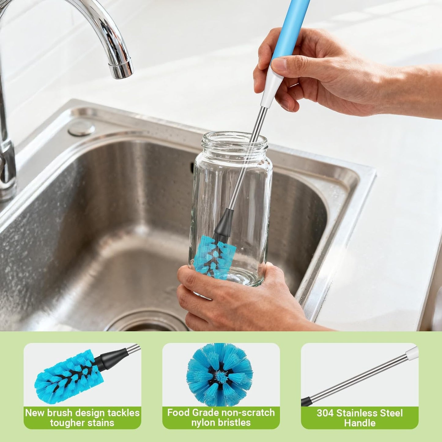 Water Bottle Brush, 15 Inches Bottles Brush, Long Handle Water Bottle Cleaner Brush, Kitchen Cup Brush Built for Cleaning Cup, Wine Glasses, Coffee Mugs, Tumblers, Wine Decanters, Blue