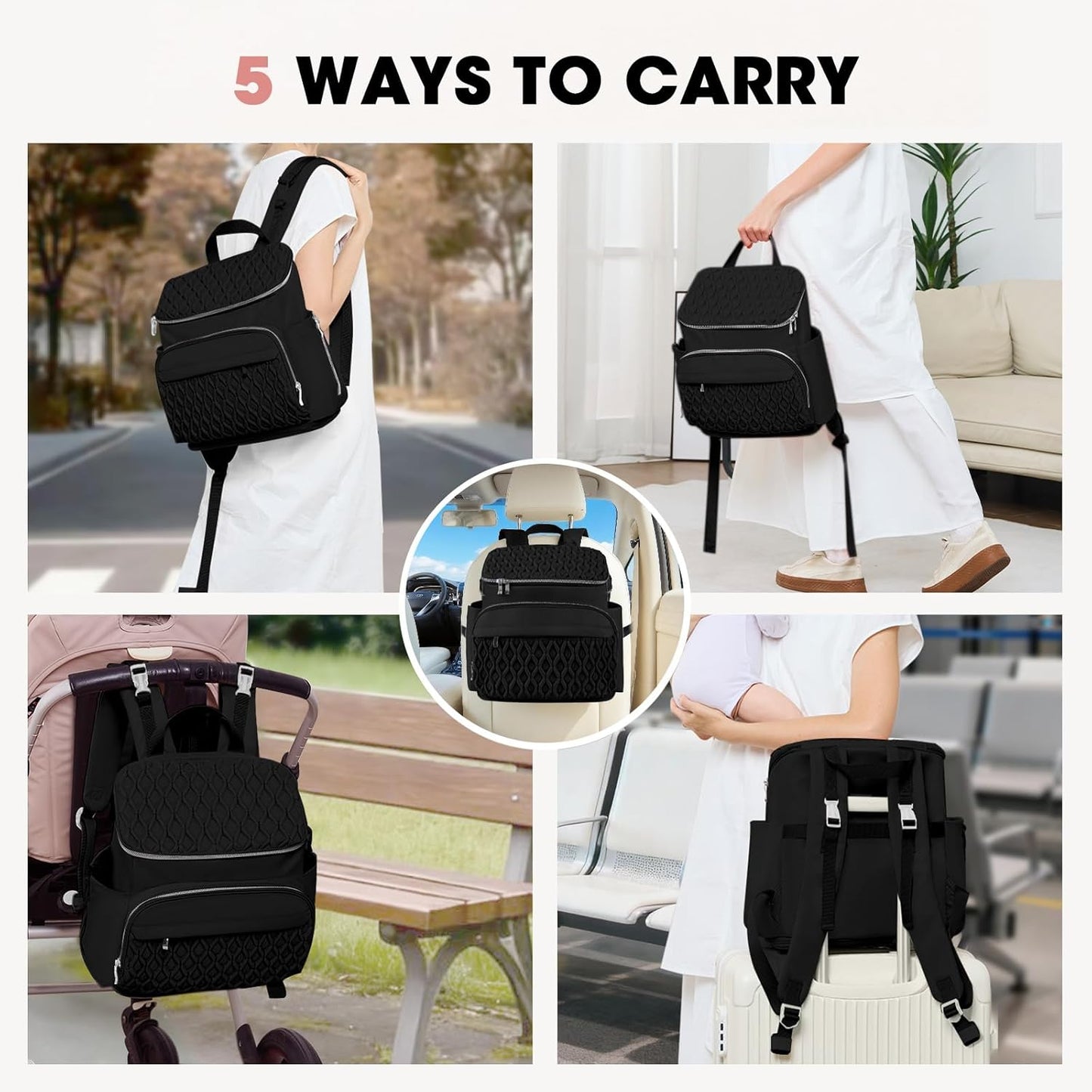 Baby Diaper Bag Backpack, Expandable Baby Bag for Girl Boy, Travel Diaper Backpack with Insulated Pocket, Changing Pad, Quilted Diaper Bag for Mom Dad, Newborn Baby Essentials Must Have Black