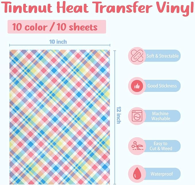 Tintnut Plaid Heat Transfer Vinyl, 10 Sheets 12"x10" Iron on Vinyl | Colorful