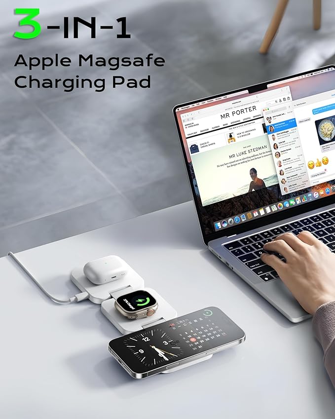 Qi2 Certified 3 in 1 Travel Charger MagSafe Compatible, Upgraded Foldable Wireless Charger Stand, Mag-Safe 3 in 1 Charging Station,15W Fast Charging for iPhone 17/16/15/14/13/12, Apple Watch, AirPods