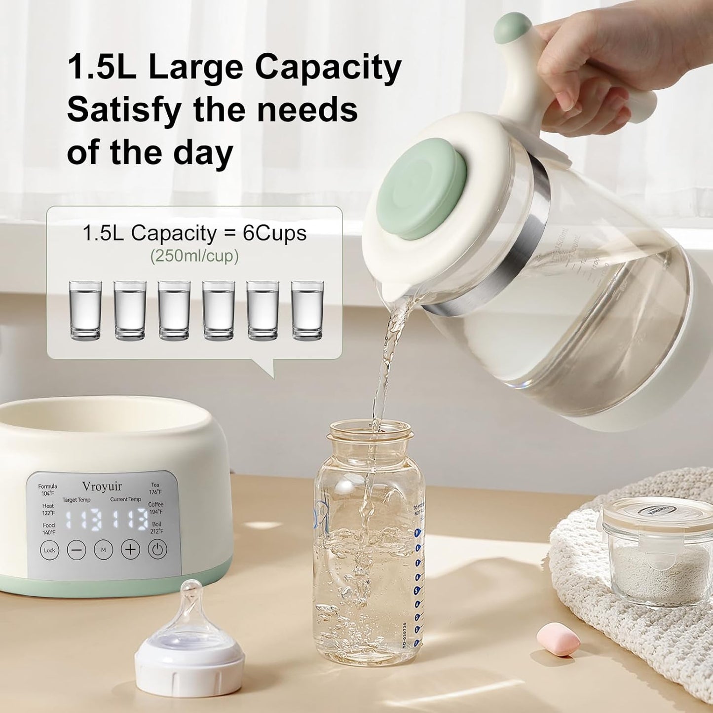 Instant Baby Water Warmer and Formula Dispenser, 1.5L Detachable Glass Tank with 6-Temp Settings, 72H Keep-Warm & Night Light, Universal for All Baby Bottles