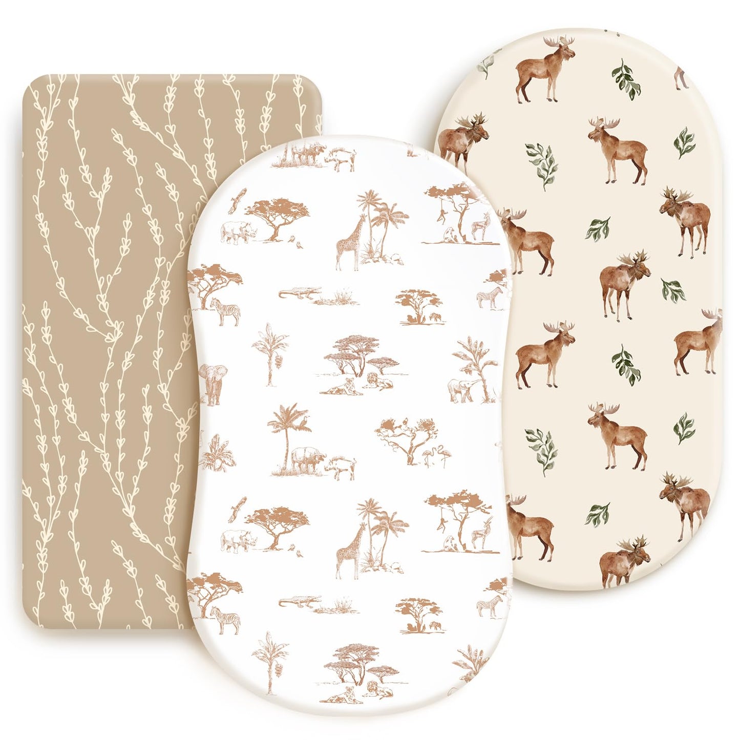 GRSSDER Stretchy Ultra Soft Fitted Bassinet Sheets 3 Pack, Universal Fit for Baby Cradle Moses Basket Oval Rectangle Mattress Safe and Snug, Free Animals Stylish Print