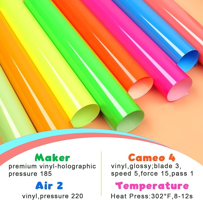 WRAPXPERT Neon HTV Heat Transfer Vinyl 8 Neon Vinyl Assorted Sheets 12x10In