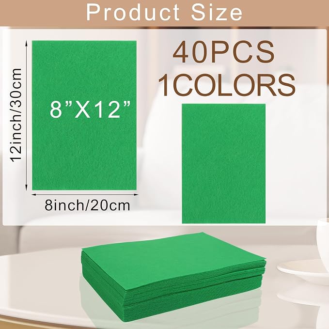 40 Pcs Stiff Felt Fabric Sheet for Crafts, 1mm Thick and 8”x12”Green Felt