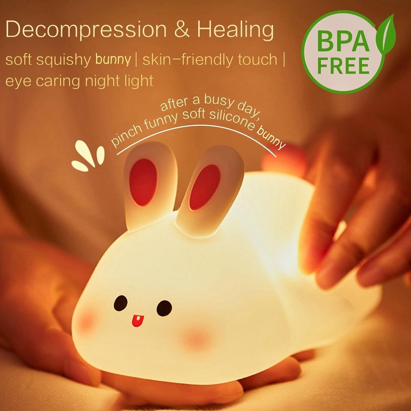 Squishy Bunny Night Light, Cute Easter Rabbit, Bunny Lamp, Led Big Face Rabbit Decor, Novelty Gifts, Dimmable Rechargeable Light up Bunnies, Nursery Room College Dorm Touch Nightlight