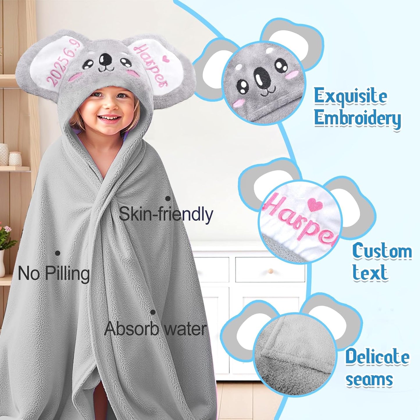 Custom Hooded Bath Towel with Name, Personalized Highly Absorbent Bunny Towels, Baby Bath Towels for Girls Boys, Brithday for Baby, Toddler, Newborn (Koala-Grey)
