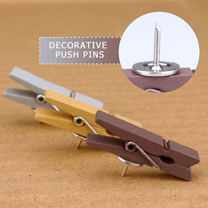 50 PCS Wooden Clips Push Pins Tacks