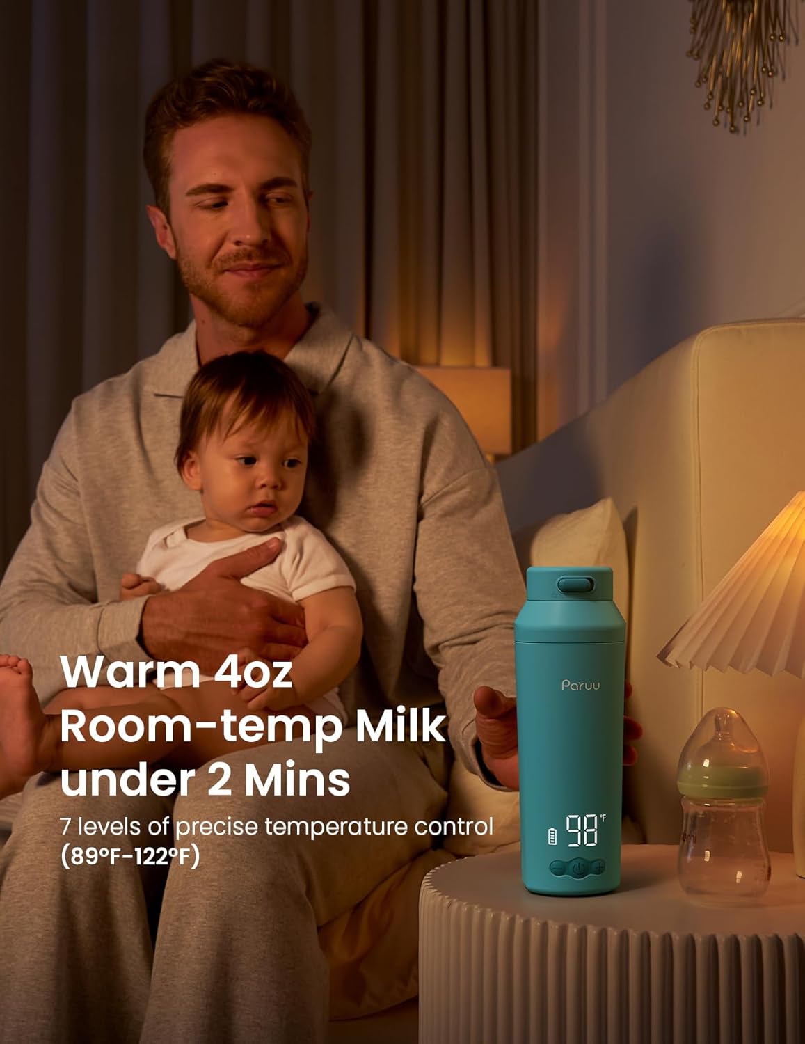 Paruu Portable Bottle Warmer for Travel, Easy-Clean Wide Mouth, Portable Milk Warmer with Fast Heating for Night Feeding, 7-Temp Control, Large 12oz Capacity, Ideal Gifts for New Parents, Blue