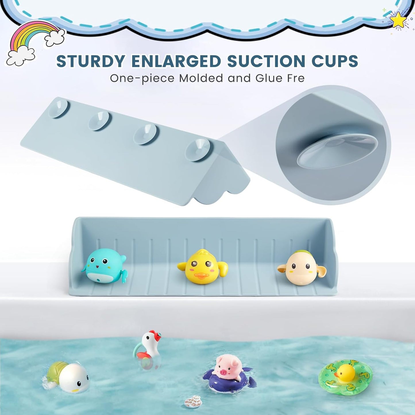 Bathtub Splash Guard for Tub, Silicone Bathtub Caddy Tray with Play Shelf, Kids Bath Tub Shelf and Organizer for Baby Bath Toys, Bath Toy Holder, Toddler Bathtub Accessories(Classic Blue)