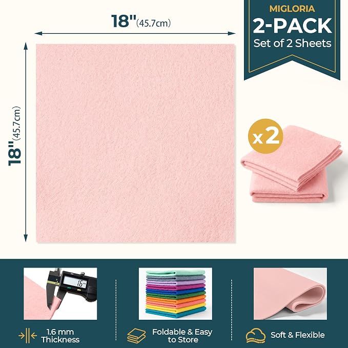Felt Fabric Sheet 18 x 18 Inch, 1.6mm Thick | Soft and Flexible Nonwoven