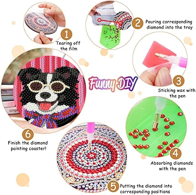 8 Pack Diamond Art Coasters, Funny Dog Diamond Painting Coasters Kits | Dog