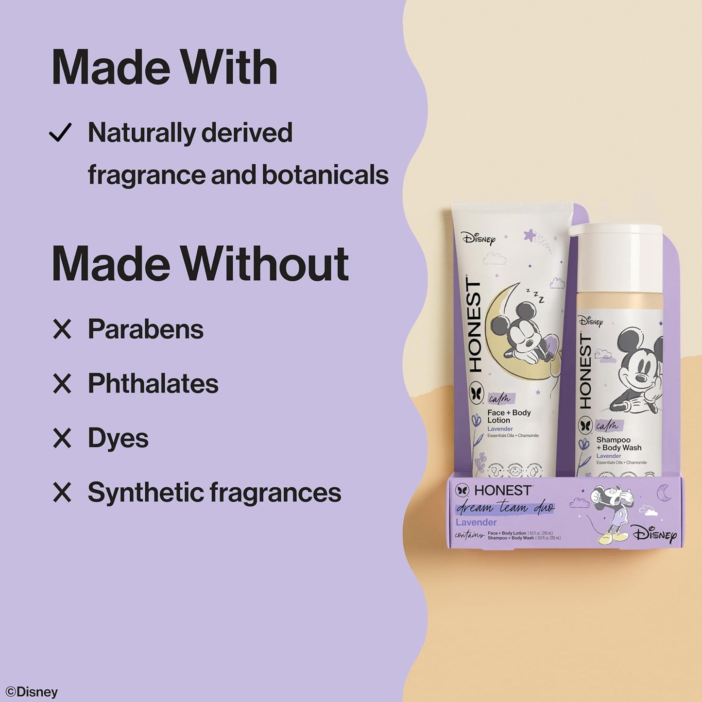 The Honest Company 2-in-1 Cleansing Shampoo and Body Wash and Face and Body Lotion Bundle and Disney Design Gentle Enough for Baby Dermatologist Tested Calm Lavender 18.5 fl oz