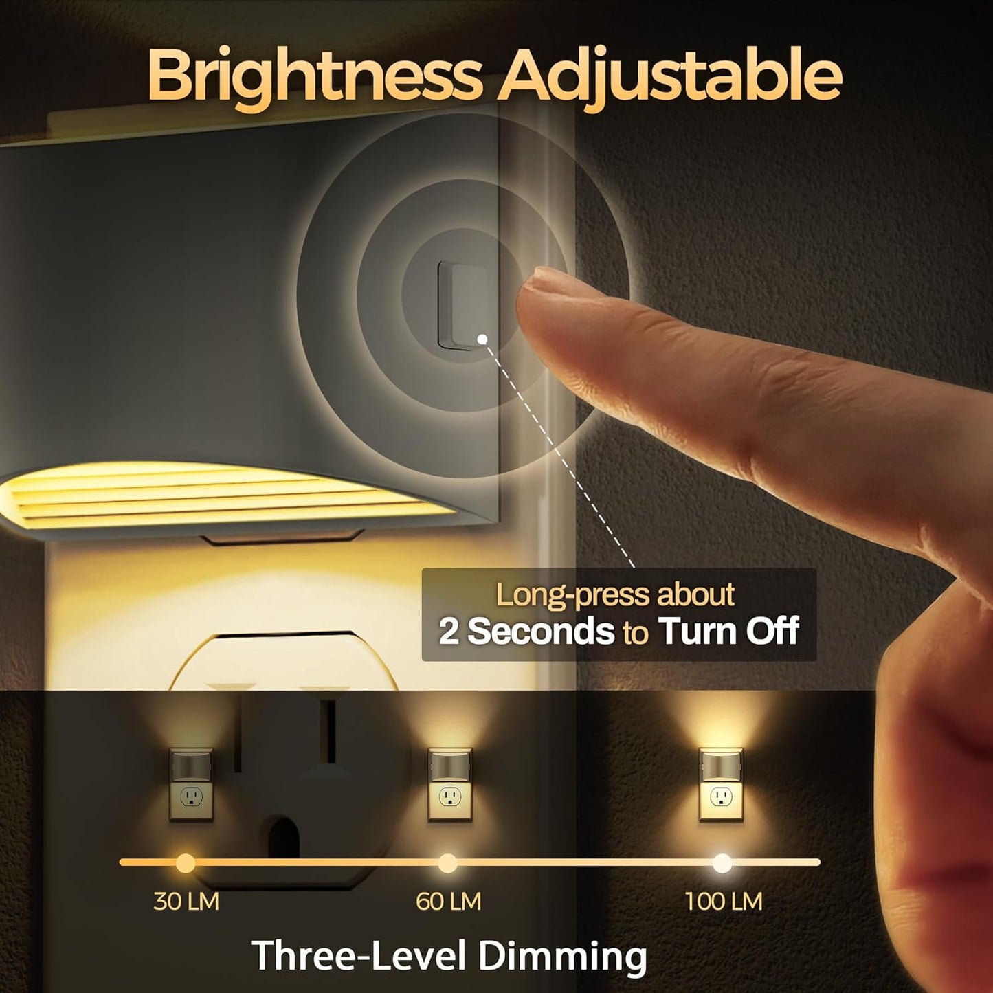 DORESshop LED Night Light[2 Pack], Night Lights Plug into Wall, 3 Level Brightness Adjustable Plug in Night Light, Dusk to Dawn Sensor Nightlights for Adults, Bedroom, Hallway, 3000K, Gray Cover