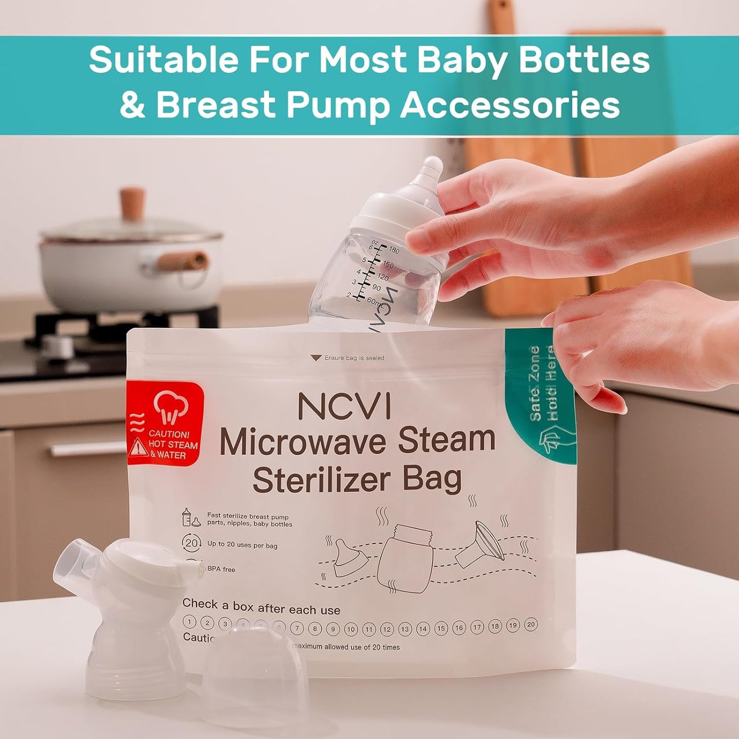 NCVI Microwave Steam Sterilizer Bag for Baby Bottles 8 Count(160 Uses), Large Reusable Travel Sterilization Pouches, Disinfection Container for Baby Teether, Pacifiers and Breast Pump Accessories