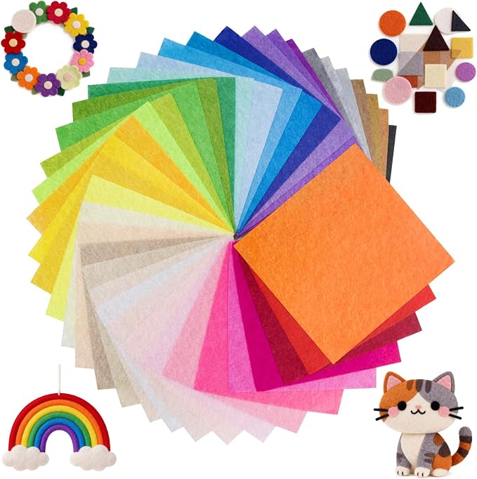 6" x 6" Felt Fabric Sheets for Crafts, 1mm Thick, Squares Non-Woven Felt Fabric