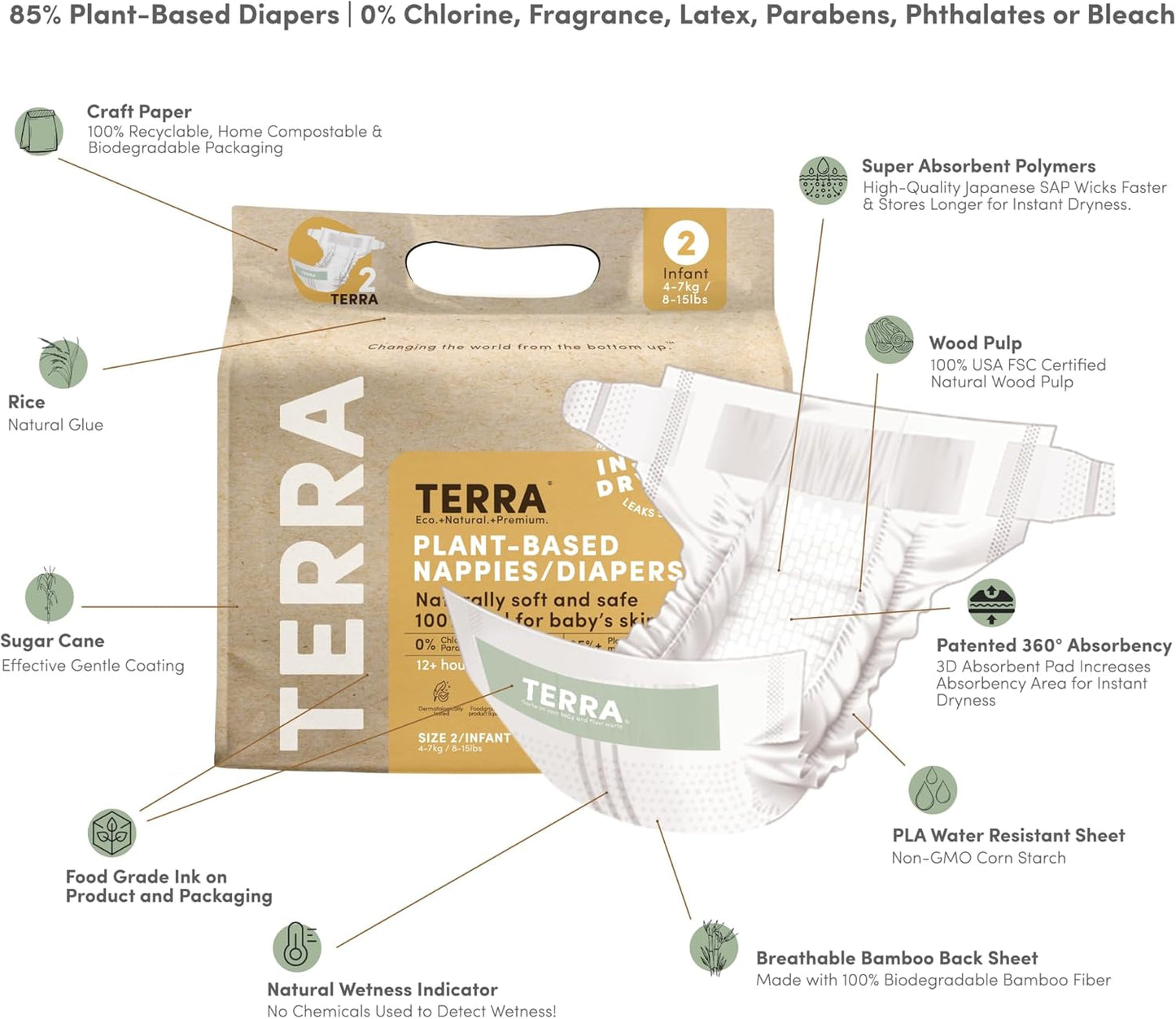 Terra Size 2 Diapers: 85% Plant-Based Diapers, Ultra-Soft & Chemical-Free for Sensitive Skin, 8-15 Pounds, 22 Count