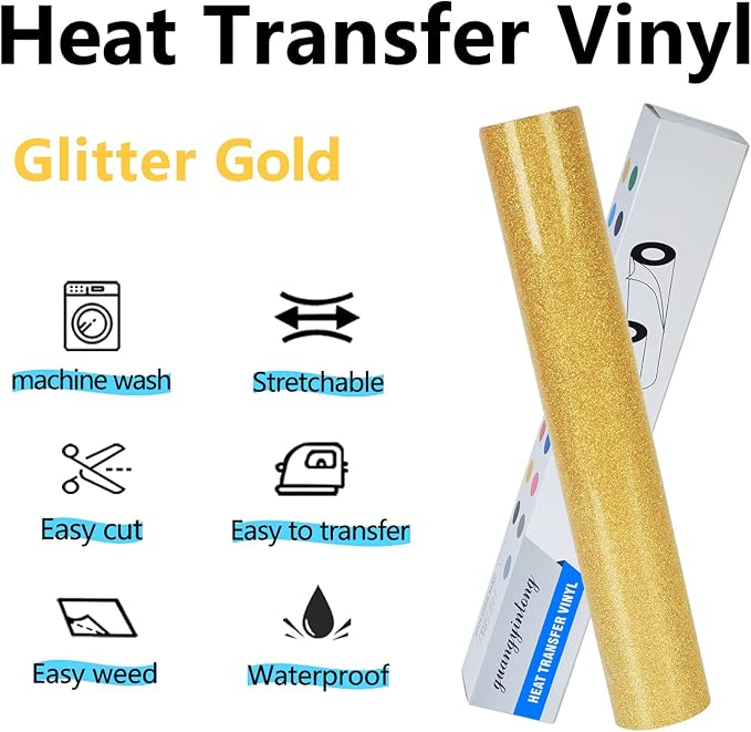 guangyintong Heat Transfer Vinyl Glitter Gold HTV Rolls, Glitter HTV Vinyl