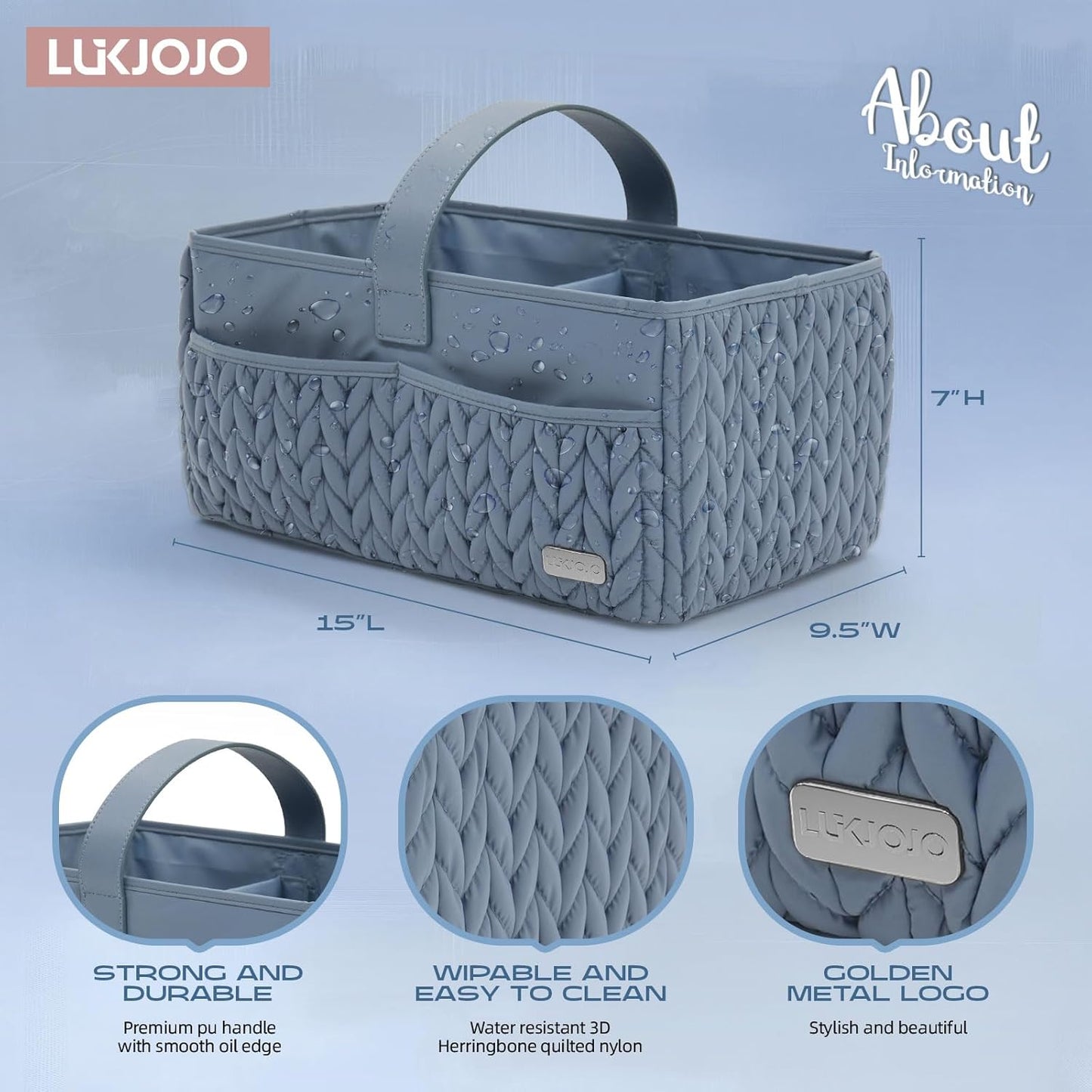 Luxurious Baby Diaper Caddy, Nursery Storage Basket for Newborn Essentials, Travel Baby Basket for Diapers Baby Wipes, Organizer Tote Bag Storage Bin, Baby Shower Gifts(ash blue)