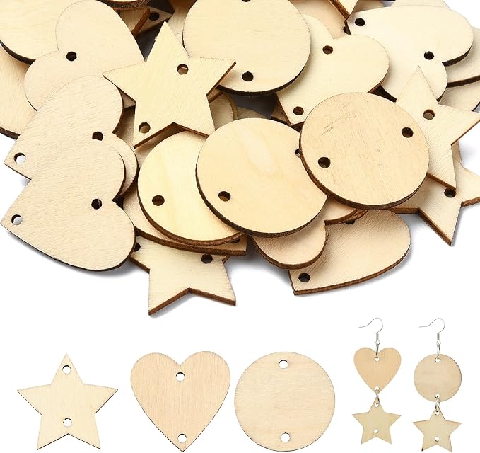 180 pcs 3 Styles Heart Star Theme Unfinished Wood Cutout Charms Flat Round