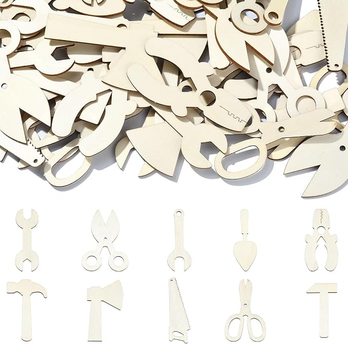 50 pcs Mixed Styles Labor Tool Theme Unfinished Wood Cutout Charms Scissors Axe