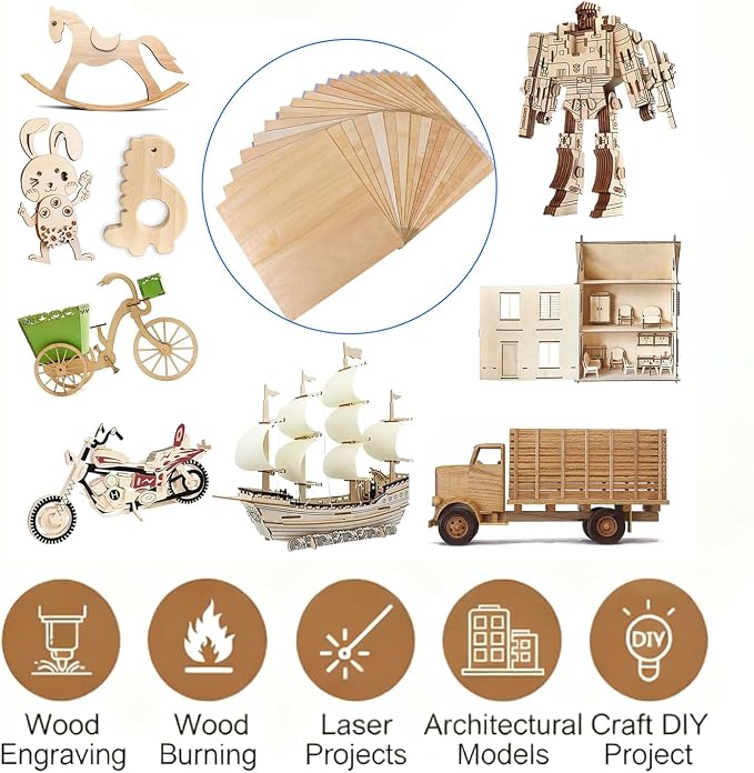 Basswood Plywood Sheets, 8 x 8 in, 1.5 mm, 6 Pack | Smooth unfinished wood