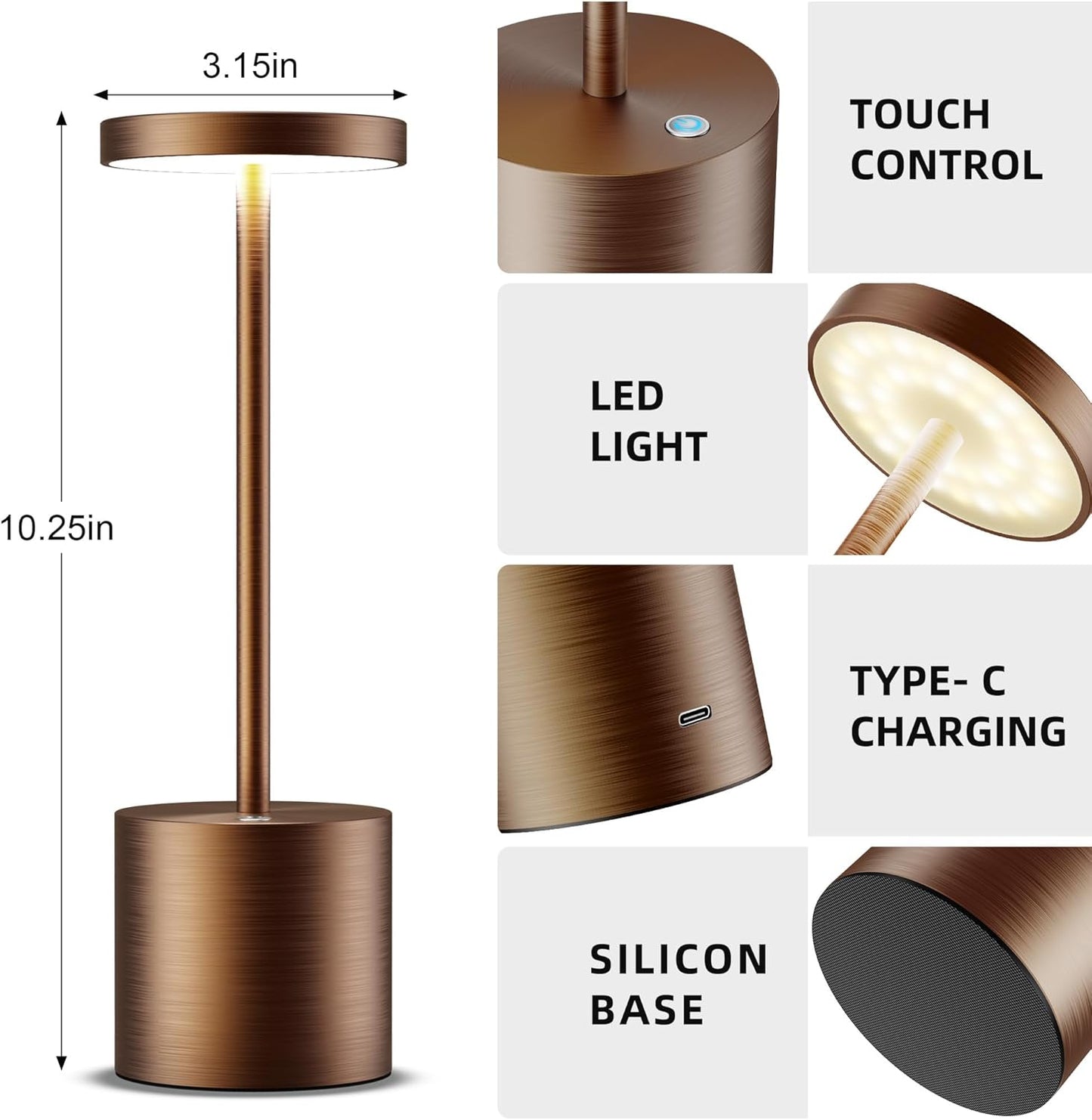 Cordless Table Lamps Rechargeable - Outdoor Portable LED Table Light 5000mAh Battery Operated Lamp 3 Color Stepless Dimming with Memory Function for Restaurant Dining Patio 2Pack Moka