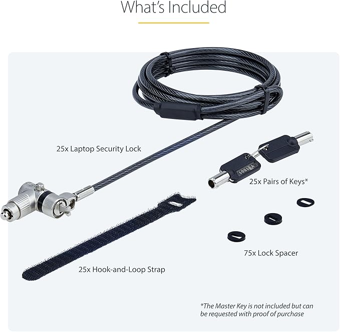 StarTech.com 25-Pack Universal Laptop Lock 6.6ft (2m), Master Keyed Security Cable, Compatible with Noble Wedge/Nano/K-Slot; TAA