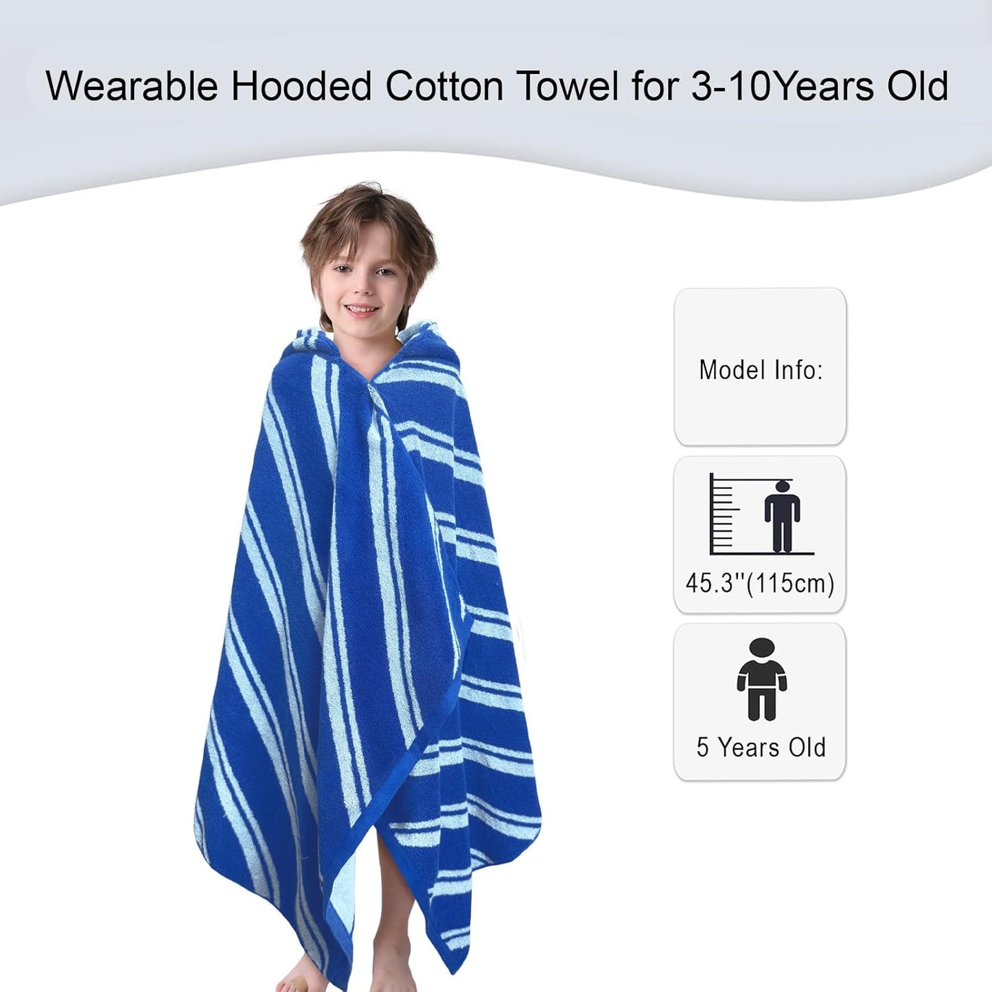 VOOVA & MOVAS Hooded Bath Towels for Kids (3-10Years,27.5"x55"),100% Cotton Absorbent Soft Towel Wrap for Toddler Boys,Perfect for Bathroom | Pool | Beach | Swimming, Jacquard Blue Stripe