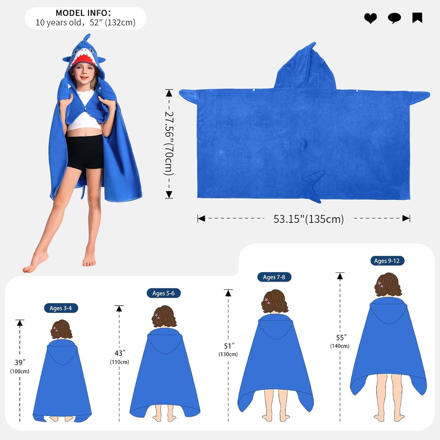OLAOLA Shark Hooded Towel for Kids 3-12 Years, 28" x 53" Soft Thick Absorbent Beach Towels, Toddler Bath Towel Wrap, Swim Pool Towels Poncho for Boys Girls
