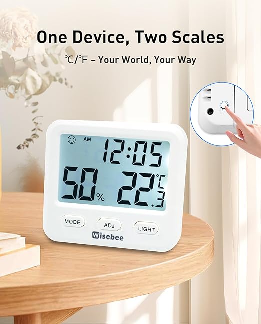 Wisebee Digital Indoor Hygrometer Thermometer, 2.9" Backlit Temperature Humidity Sensor Monitor for Baby Rooms, Home, Office, 1 Pack (White)