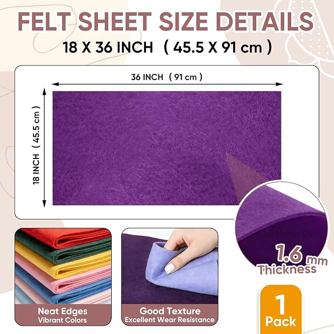 Soft Felt Fabric Sheet 18" x 36", 1.6mm Acrylic Craft Felt, Large Precut Sheet