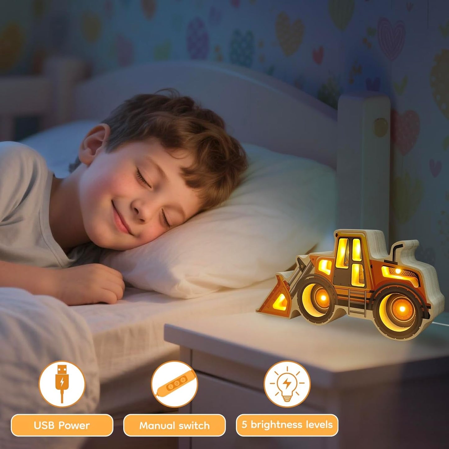 Night Light for Kids, Wooden Loader with Led Night Light, Nursery Nightlight for Toddler Ages 3+ Boys and Girls, Cute Lamps for Birthday Gift, Christmas, New Year, Kids Room Decor, Bedroom
