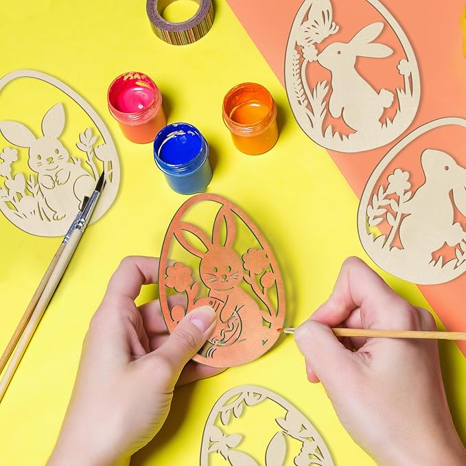 36PCS Wooden Easter Ornaments to Paint, 6 Styles DIY Blank Unfinished Wood Egg