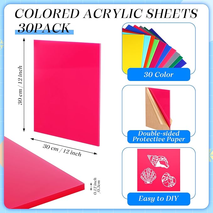 Geetery 30 Pack Colored Acrylic Sheets 1/8" Thick