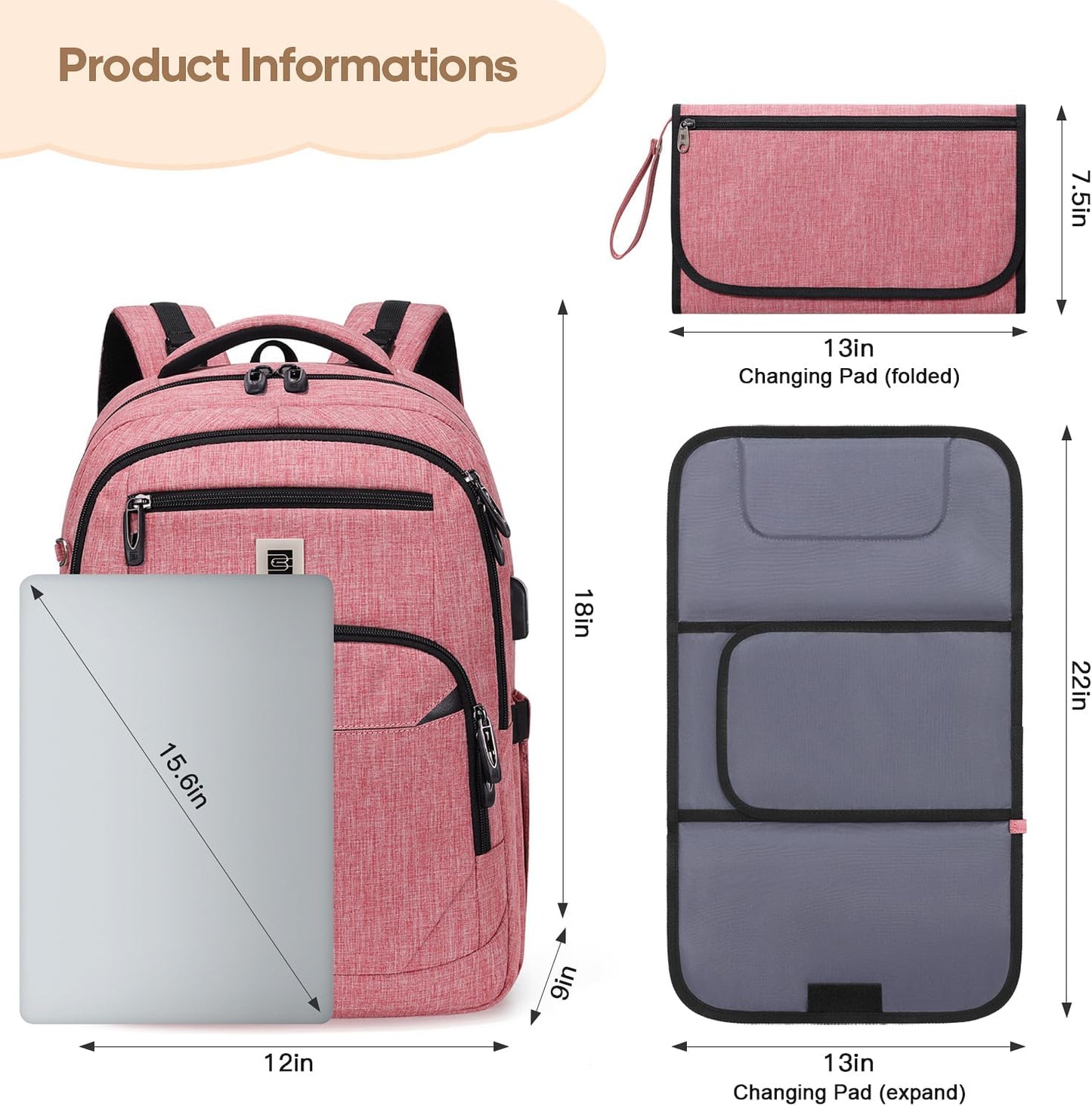 Diaper Bag Backpack, Multi function Baby Bag with Portable Changing Pad, Pacifier Holder,Waterproof Diaper Bags with USB Charging Port,Baby Essentials Perfect Baby Shower Gifts for Mom, Dad, Newborn