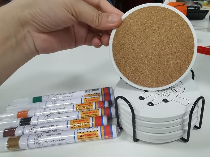 6 Absorbent Ceramic Tiles with Cork Base, Paint Your Own Sloth Coaster | Arts