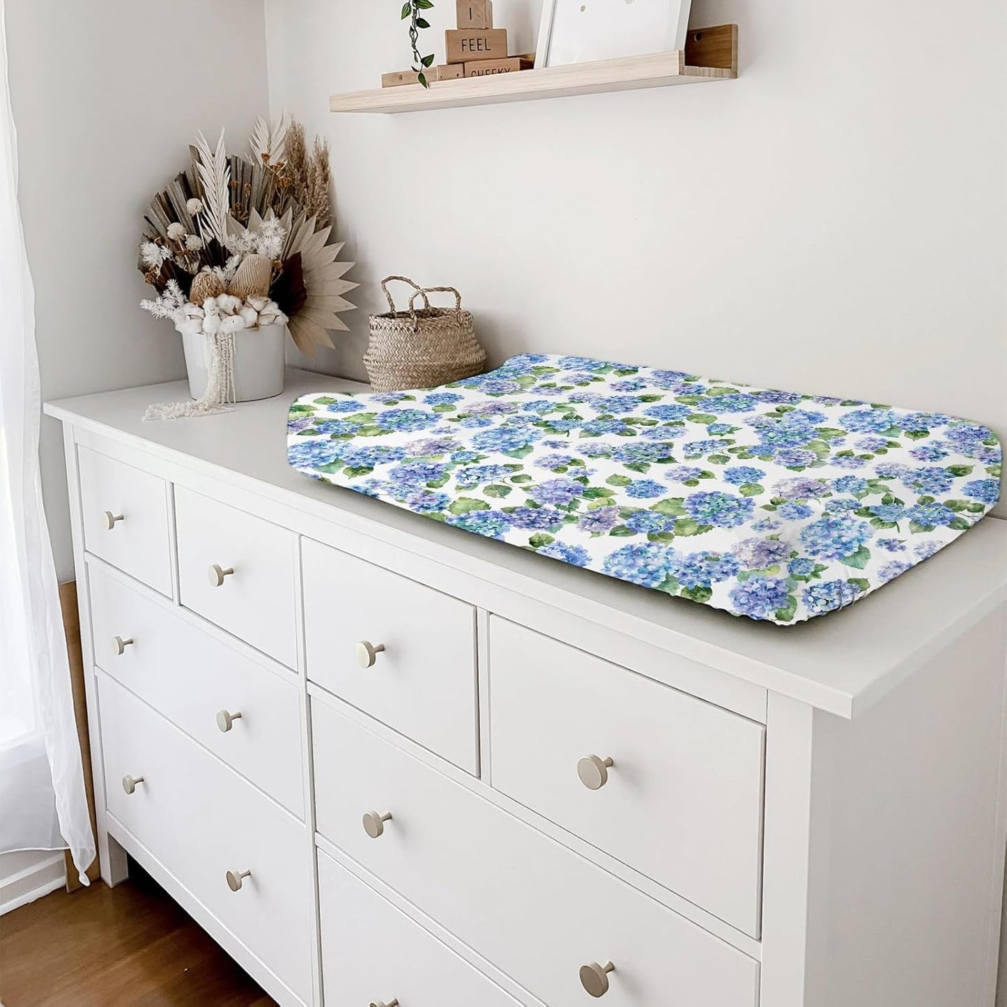 Blue Hydrangea Floral Changing Pad Covers Watercolor Flowers Painting Baby Changing Table Sheets for Boys Girls Wild Floral Soft Breathable Stretchy Fitted Diaper Change Table Pad Mats 32''x16''