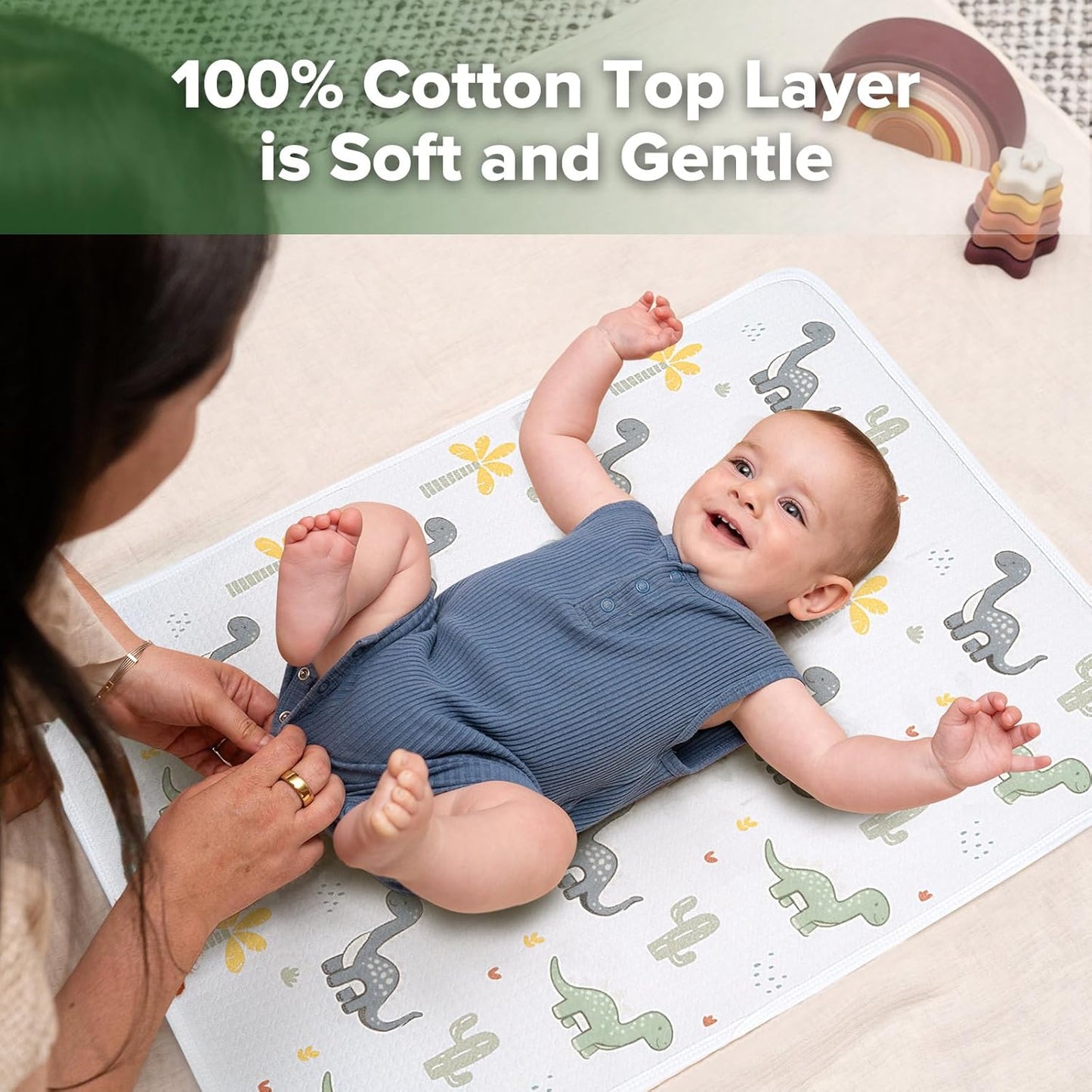 haakaa Waterproof Changing Pad Liners, 100% Cotton, Soft & Breathable (1pc, 19.5" x 27.5" Dino Land)