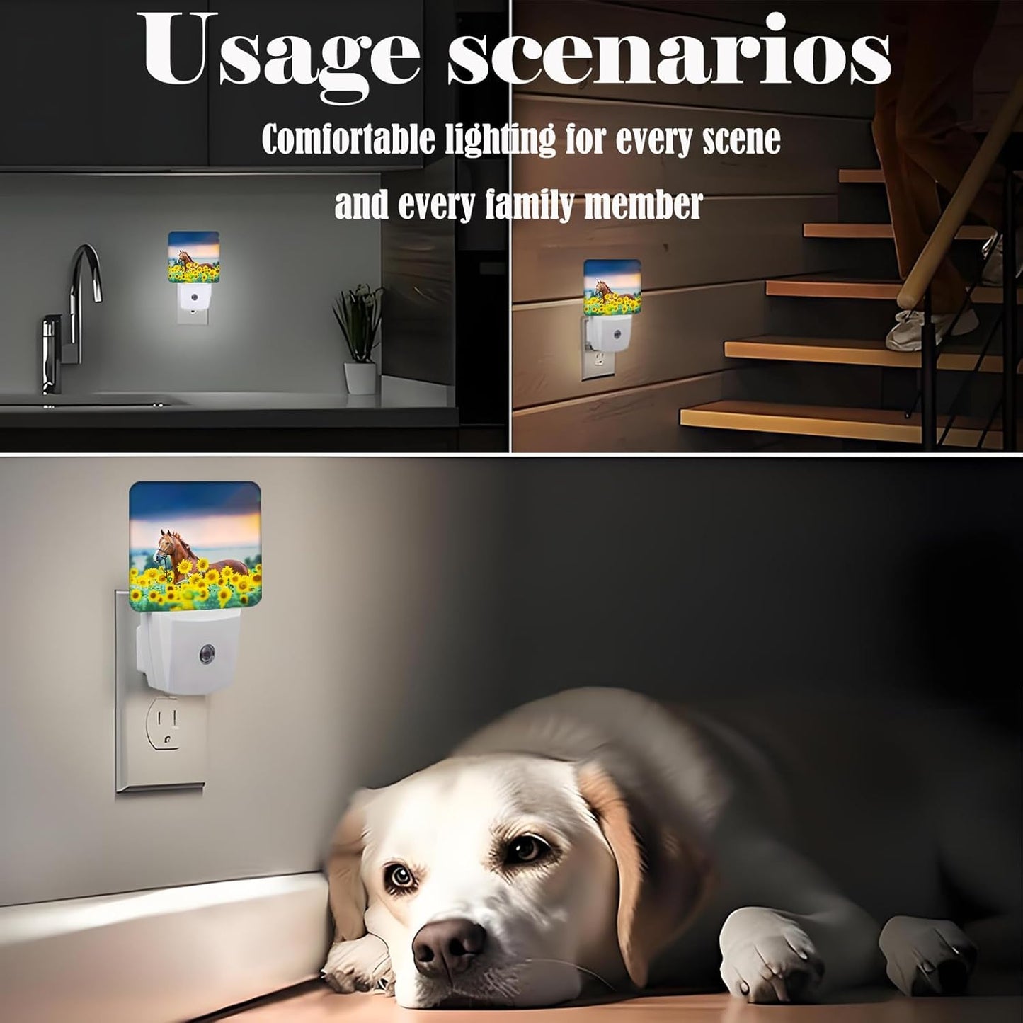 Sunflower Farm Animal Horses Night Light,Plug Into Wall with Dusk to Dawn Light Sensors, Warm Nightlights for Bedroom, Bathroom, Hallway, Kitchen, Gifts Ideal for Boys Girls Women Men