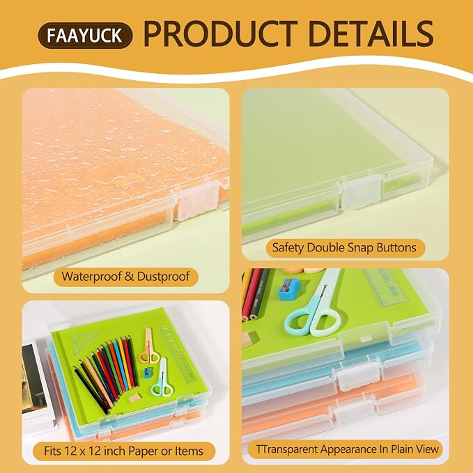 12x12 Inch Scrapbook Paper Storage, 4 Pack Plastic Paper Storage Box