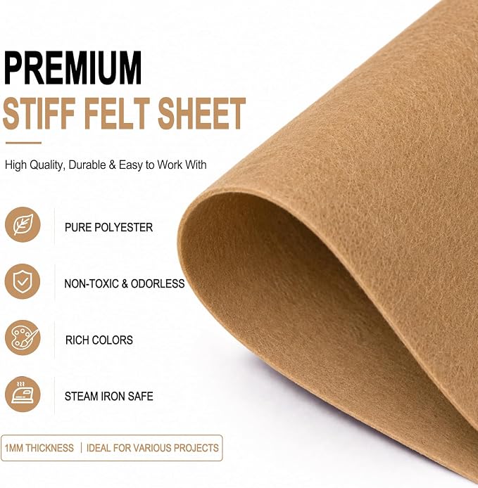 Tan Large Felt Fabric 36" x 36", 1mm Stiff Felt Sheet, Nonwoven Fabric