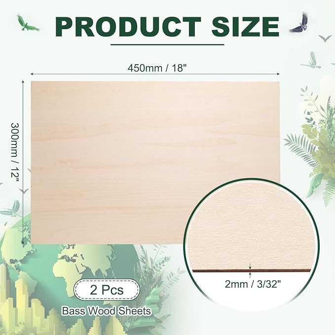 HARFINGTON 2pcs 2mm Basswood Plywood Sheets 12" x 18" x 3/32" Thin Unfinished